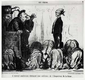 De Amerikaanse gezant krijgt een audiëntie van de keizer van China (in serie En Chine, illustratie door Honore Daumier, gepubliceerd in Charivari, gedateerd 21 oktober)