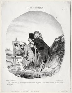 De Goede Burgers, plaat 23: "Maar ja, mijn beste, ik verzeker je dat deze heer een landschap tekent...is het niet zo, meneer, dat u een landschap tekent?"