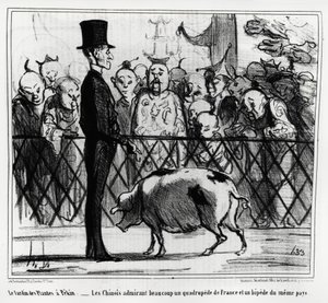 De plantentuin in Peking: de Chinezen bewonderen een viervoeter uit Frankrijk en een bij uit hetzelfde land (illustratie door Honore Daumier, gepubliceerd in Charivari, China Actualites) door Honoré Daumier