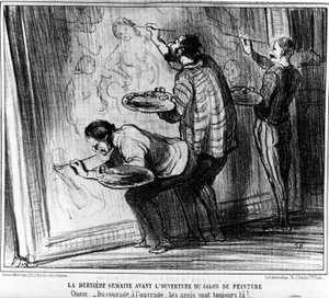 De laatste week voor de opening van de Salon de Peinture. Van moed tot werk, vrienden zijn er altijd!... (uit Schilderijen en Salons, cartoonserie door Honore Daumier, gepubliceerd in Charivari) door Honoré Daumier