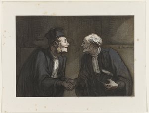Twee advocaten drukken elkaar de hand door Honoré Daumier