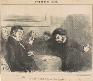 Een comité luistert naar het voorlezen van een tragedie door Honoré Daumier