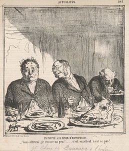 Een gast bij een diner van hippophagen: Zal ik u nog wat aanbieden? Het is uitstekend, nietwaar?