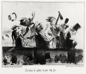 Een plezierige trein iets te vrolijk, in serie Les chemins de fer, illustratie door Honore Daumier (1808-1879), gepubliceerd in "Charivari", gedateerd 20 augustus 1852. door Honoré Daumier