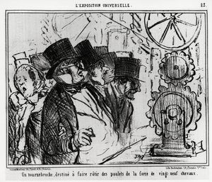Universele tentoonstelling: een draaitafel, ontworpen om kippen te braden met de kracht van negenentwintig paarden. Illustratie door Honoré Daumier (1808-1879), gepubliceerd in het nieuws, 