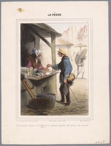 Visser koopt vis in de markthal door Honoré Daumier