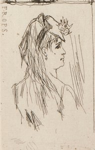 a. Hoofd van een oude man door Daumier (linksboven); b. Chez Charles Beriot door Taiee (middenboven); c. Hoofd van een jonge vrouw door Rops (rechtsboven); d. Rivierlandschap door Harpignies (middenonder); e. Profiel van een jonge vrouw door Honoré Daumier