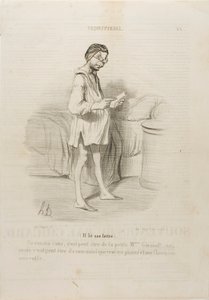 (Hij leest een brief) "Een afspraakje, zou het van de schattige mevrouw Giraud kunnen zijn Ja, maar het kan ook van haar man komen die me wil knijpen...," plaat 8 van Coquetterie