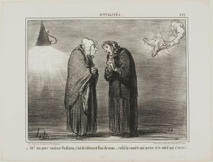 "- Ah, mijn lieve Madame Chaffarou... dit moet wel het einde zijn... de komeet komt en de zon gaat," plaat 392 uit Actualités