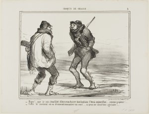 "Brrrr! Ik ben woedend dat ik hier ben komen jagen in het St. Denis-Plain. Het is gewoon te koud!... - Een van die dagen waarop je graag een beer zou vangen. Zijn vacht zou nu meer dan welkom zijn!" plaat 3 van Croquis De Chasse door Honoré Victorin Daumier