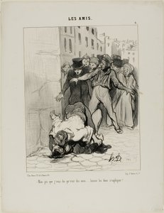 "- Maar ik zeg je, het zijn vrienden.... ze drukken zich gewoon tegen elkaar uit," plaat 9 uit Les Amis door Honoré Victorin Daumier