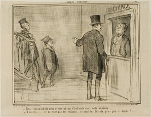 "- Maar u vertelde me dat kinderen niet zijn toegestaan in dit huis... - Meneer, dit zijn geen kinderen... het zijn de zonen van de eigenaar!...," plaat 23 uit Croquis Parisiens, - par Daumier door Honoré Victorin Daumier