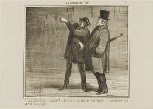 "- Zie je de komeet... daar, op het topje van mijn vinger ... verlies mijn vingertop niet uit het oog!," plaat 5 uit La Comète De 1857 door Honoré Victorin Daumier