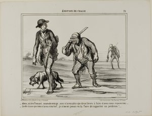 "Kom, kom, meneer Pomard... hou de moed erin... nog maar twee mijl en we kunnen rusten... Wat een geluk, we hebben niets gevangen... Ik zou niet eens de kracht hebben om een patrijs te dragen," plaat 21 uit Émotions De Chasse