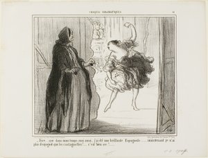 "- Moeilijk voor te stellen dat ik in mijn tijd ook een veelgeprezen Spaanse danser was... tegenwoordig zijn alleen mijn castagnetten Spaans... wat vervelend...," plaat 11 uit Croquis Dramatiques
