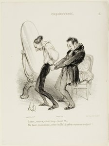 "- Genoeg, genoeg, het zit veel te strak!!! - Maar helemaal niet, Monsieur, deze stof staat u als gegoten!", bord 5 van Coquetterie door Honoré Victorin Daumier