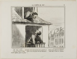 "- Hallo, buurman... waar ging al dat geschreeuw over... heb je de komeet gezien - Ik dacht dat ik hem daar had gezien... maar toen was het gewoon het vuur uit een schoorsteen... deze keer kwamen we er met de schrik vanaf," plaat 3 uit La Cométe De 1857