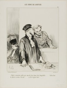 "- Hier is de openbare minister die een aantal zeer onaangename dingen tegen je zal zeggen.... dus probeer in ieder geval een beetje uit één oog te huilen.... dat doet meestal wel goed!..," plaat 21 uit Les Gens De Justice
