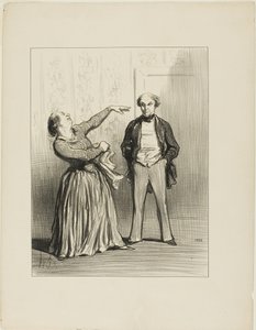 "- Echtgenoten zijn echt niet wat een ijdel volk graag gelooft!", plaat 3 uit Les Divorceuses door Honoré Victorin Daumier