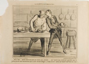 "- Ik ben blij dat we geen wetenschappers zijn, anders zou Monsieur ons ook uitnodigen om die kamelenbult te proeven die hij uit Algerije heeft besteld... Ik geniet liever van een maaltijd met kalfsbult!," bord 8 uit La Sopciété D