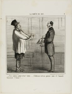 "- Ik wil je credits niet... de vervaldatum is 15 juni en de wereld zou op de 13e vergaan," plaat 2 uit La Cométe De 1857 door Honoré Victorin Daumier