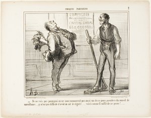 "- Ik zie echt niet in waarom we niet genomineerd zouden worden als leden van de toezichtsraad een dezer dagen..... tenslotte is het niet zo moeilijk om er waardig uit te zien... wat dacht je van een pose als deze," plaat 2 van Croquis Parisiens door Honoré Victorin Daumier