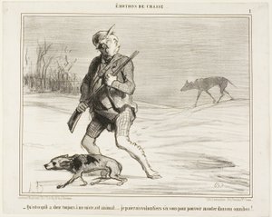 "- Ik vraag me af waarom dit beest me de hele tijd volgt... Ik betaal graag 6 sous om op een bus te springen," plaat 1 uit Émotions De Chasse