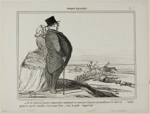 "- Ik zal nooit begrijpen hoe deze oefeningen de conditie van een paard kunnen verbeteren..... het enige wat echt telt is dat de ruiter zich goed voelt," plaat 1 van Croquis Équestres door Honoré Victorin Daumier