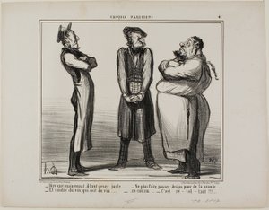 "- Ongelooflijk... maar nu moeten we het exacte gewicht opgeven! - en we kunnen geen botten meer voor vlees verkopen - en wijn moet echt wijn zijn! - alles bij elkaar nu: Het is walgelijk!", bord 4 van Croquis Parisiens