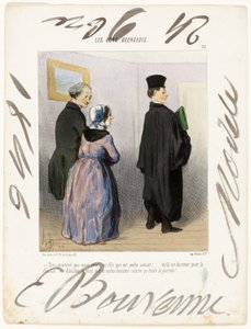 "- Is het niet prachtig om een zoon te hebben die advocaat is... wat een eer voor de familie... Adolph, ik wil dat je de hele dag zo gekleed blijft!...," plaat 21 uit Les Bons Bourgeois door Honoré Victorin Daumier