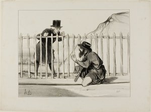 "- Kijk nou eens! De trein die op het punt staat te passeren heeft geluk dat hij een smalle ontsnapping heeft.... de hele zaak zou zijn opgeblazen als ik het niet op tijd had opgemerkt... - Wat is het dan, wat is het - Waarom, het is duidelijk, een naald i door Honoré Victorin Daumier