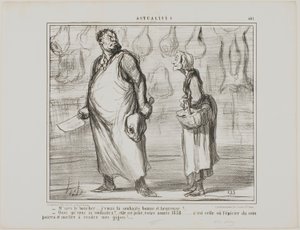 "- Mijnheer de slager, ik wens u een gelukkig en gezond Nieuwjaar... - Wat Dit wordt een mooi jaar, dit 1858... elke kruidenier om de hoek zal mijn schapenvlees kunnen verkopen!...," bord 481 uit Actualités