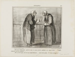 "Oh, Madame Chaboulard, ik vraag me af wat er de komende twaalf maanden gaat gebeuren... het nieuwe jaar begint op een vrijdag! ... - Kan me niet schelen, ik ben niet bijgelovig... Ik geloof alleen in het getal 13 en in spinnen!", plaat 477 uit Actualités door Honoré Victorin Daumier