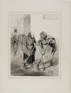 "Zeg eens, Madame. Giboulard ... bent u het er niet mee eens dat het niet erg aangenaam is voor vrouwen van ons geslacht, om elke dag zo naar beneden te komen, de goten van St. Honoré schoon te maken ... - Dat is waar, Madame Chaffarou, maar we kunnen onsz