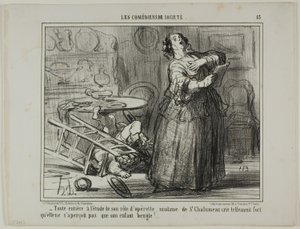 - In beslag genomen door haar operette-rol, schreeuwt Madame de St. Chalumeau zo hard dat ze het geloei van haar kind niet opmerkt, plaat 13 uit Les Comédiens De Société