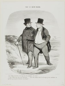 "- Tijden zijn moeilijk; dit jaar moeten we leren bescheidener te zijn... - Zeg me niet, mijn lieve Ducorneau.... wat mij betreft, elke keer als ik naar het theater ga, ontzeg ik mezelf nu het gezelschap van mijn vrouw....," plaat 2 uit Tout Ce Qu