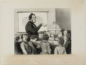 "Morgen zullen we Saturnus bestuderen. Ik wil dat jullie speciale aandacht schenken aan deze grote planeet .... die jullie naar alle waarschijnlijkheid nooit in je leven zullen kunnen zien!", plaat 18 van Professeurs Et Moutards door Honoré Victorin Daumier