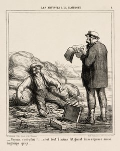 "- Nou, ben je eindelijk klaar... het is tenslotte vermoeiend om zo lang te relaxen," plaat 1 uit Les Artistes A La Campagne door Honoré Victorin Daumier