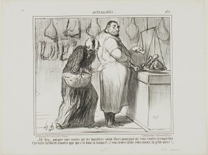 "- Nou, als je de slagershandel wilt bevrijden, waarom ben je er dan tegen dat ik een paar botten bij het vlees weeg... je bent echt vreemd, net als altijd!," bord 472 van Actualités