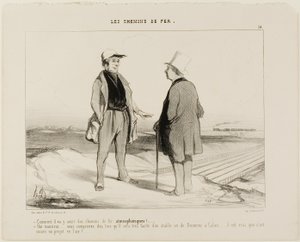 "- Hoe bedoel je, er komen binnenkort luchttreinen - Maar natuurlijk, Monsieur... ziet u, het zal dan heel gemakkelijk zijn om een verbinding tussen Dover en Calais tot stand te brengen... maar het project hangt natuurlijk nog in de lucht," plaat 14 van Th