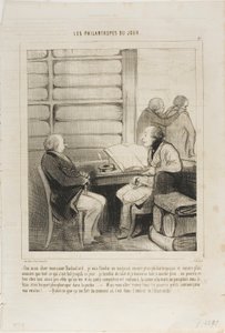 "Ja, mijn beste Badoulard... Ik zal een warenhuis openen dat nog filantropischer en grootser is dan alles wat er tot nu toe bestond.... het zal de complete set artikelen voor de halve prijs voeren... iemand kan zo naakt als een pasgeboren baby binnenkomen  door Honoré Victorin Daumier