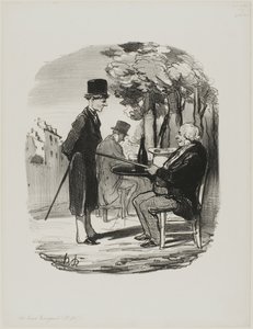 "- Je drinkt vanavond geen flesje bier met ons... Ik kan zien dat je vandaag een privé etentje hebt, jij schurk...," bord 81 van Les Bons Bourgeois door Honoré Victorin Daumier