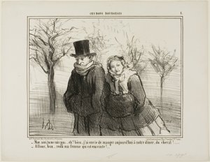 "Weet je schat, je zult het nooit geloven, maar ik denk dat ik graag wat paardenvlees zou willen eten vanavond! - Daar gaan we.... mijn vrouw moet zwanger zijn!," plaat 1 uit Ces Bons Bourgeois door Honoré Victorin Daumier