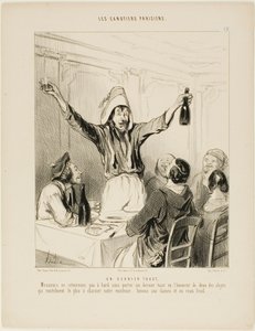 Een laatste toost! "Heren, laten we niet terugkeren aan boord zonder een laatste toast ter ere van de twee dingen die vooral charme aan ons leven geven... laten we drinken op de dames en op koud kalfsvlees!", bord 18 van Les Canotiers Parisiens door Honoré Victorin Daumier