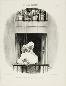 Een buurman die klaagt over het besproeien van zijn gazon, plaat tien uit Les Bons Bourgeois door Honoré Victorin Daumier