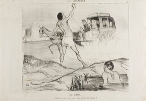 Een grapje uit de praktijk. "Chauffeur! Chauffeur! Heeft u nog twee zitplaatsen in de konijnenafdeling", plaat 24 van Les Baigneurs door Honoré Victorin Daumier