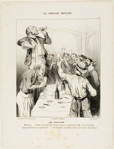 Een receptie. "Heren..... laten we drinken op de gezondheid van de Franse zeilers in het algemeen en op de nieuwe teamgenoot Greluchon in het bijzonder!.... en in afwachting van zijn vuurdoop geven we hem er ondertussen eentje met water," plaat 10 van Les  door Honoré Victorin Daumier