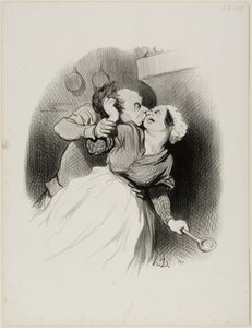 Een terugkeer van de jeugd. "Schreeuw zoveel je wilt, jij kleine duivel.... mijn vrouw is niet thuis.... scheur mijn haar uit naar hartelust!," plaat 50 uit Les beaux Jours de la vie