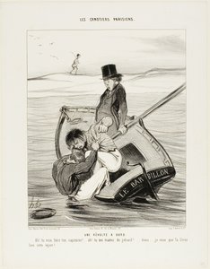 Een opstand aan boord. "- Ah! je wilt je eigen kapitein zijn!... - Ah! je behandelt me als een idioot... hé... Ik hoop dat de Seine die belediging wegspoelt!," plaat 13 uit Les Canotiers Parisiens door Honoré Victorin Daumier