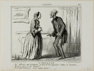 Een rivaal van Mr. Hume. "Oh Adelaide, wat een ervaring.... Ik heb zojuist de schaduw van Sesostris voor me laten verschijnen! - En wat zei Sesostris tegen je - Hij sprak tegen me in het Frans... en noemde me een mokkel!," plaat 384 van Actualités door Honoré Victorin Daumier